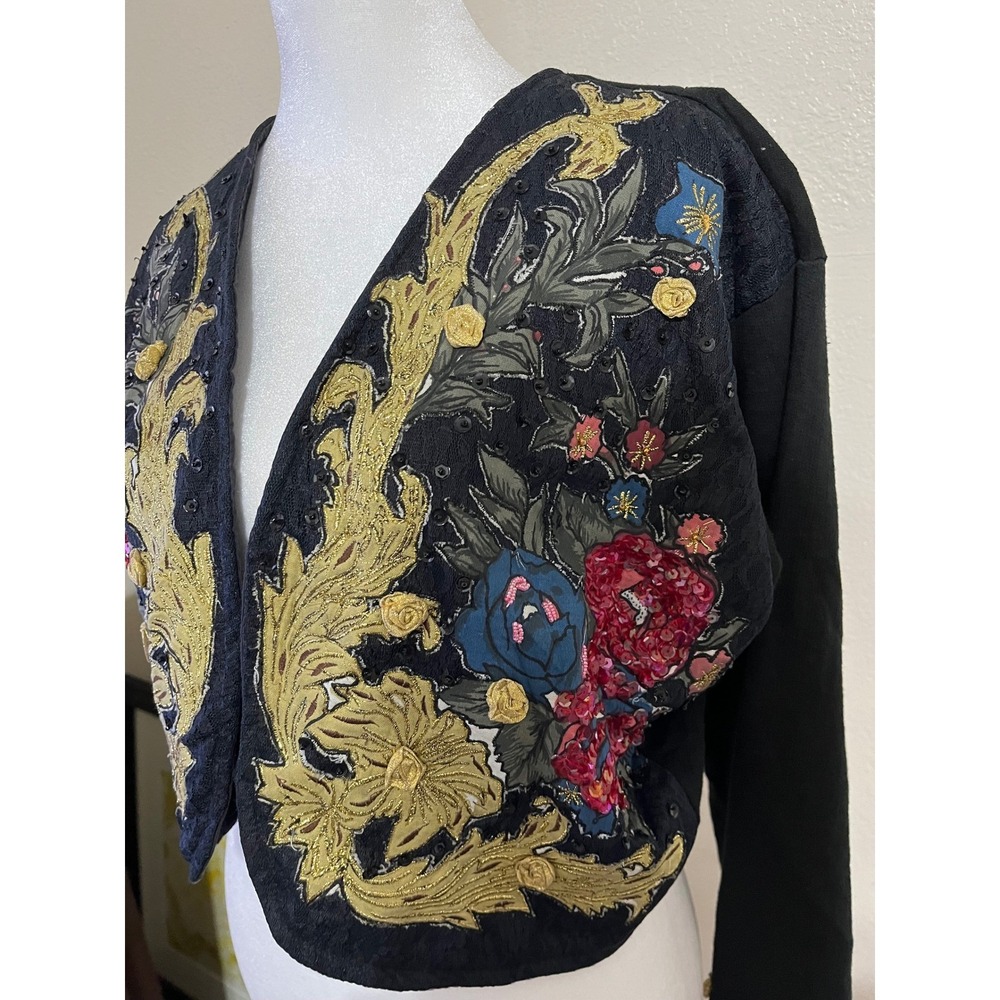 Vintage Jou Jou Black Cropped Jacket Floral Sequin Embroidered Bolero Medium - Picture 4 of 10